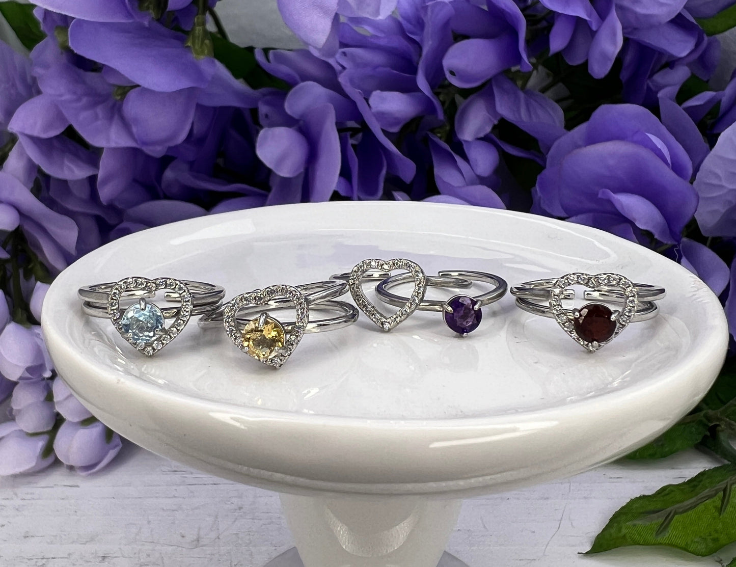 Adjustable Heart-Shaped Gemstone Ring Set in .925 Sterling Silver (2-Piece Set)