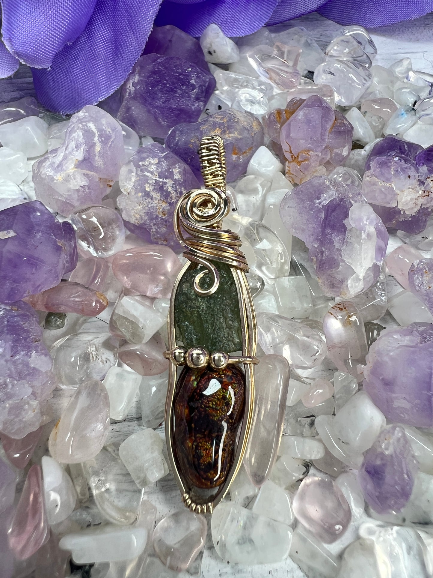 Moldavite & Fire Agate Pendant – 14k Gold-Filled Cosmic Energy Necklace for Transformation & Protection