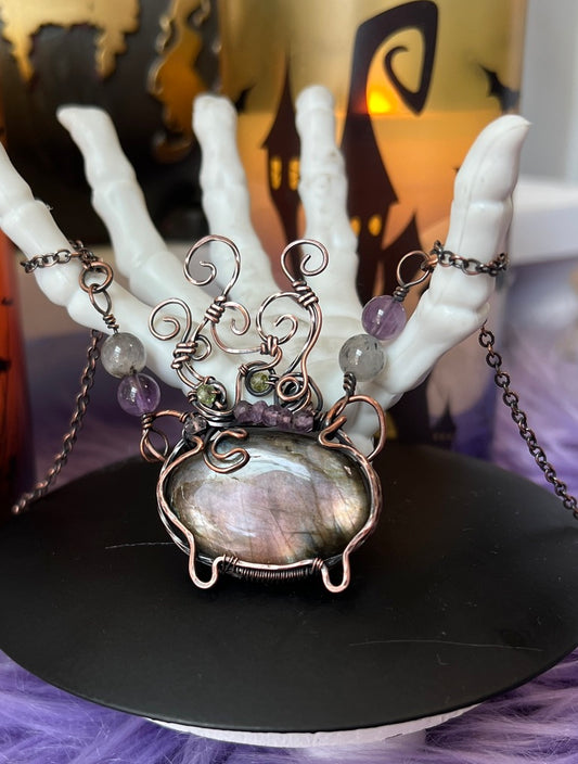 Handmade cauldron pendant with Labradorite, Amethyst, Peridot, and crescent moon accent wrapped in copper – witchy necklace
