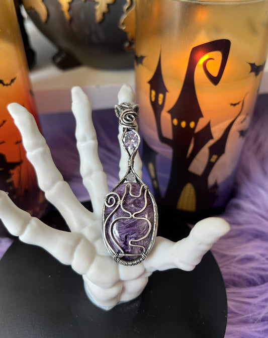 Handmade Charoite cat silhouette pendant wrapped in oxidized sterling silver with lavender CZ accent – witchy familiar necklace
