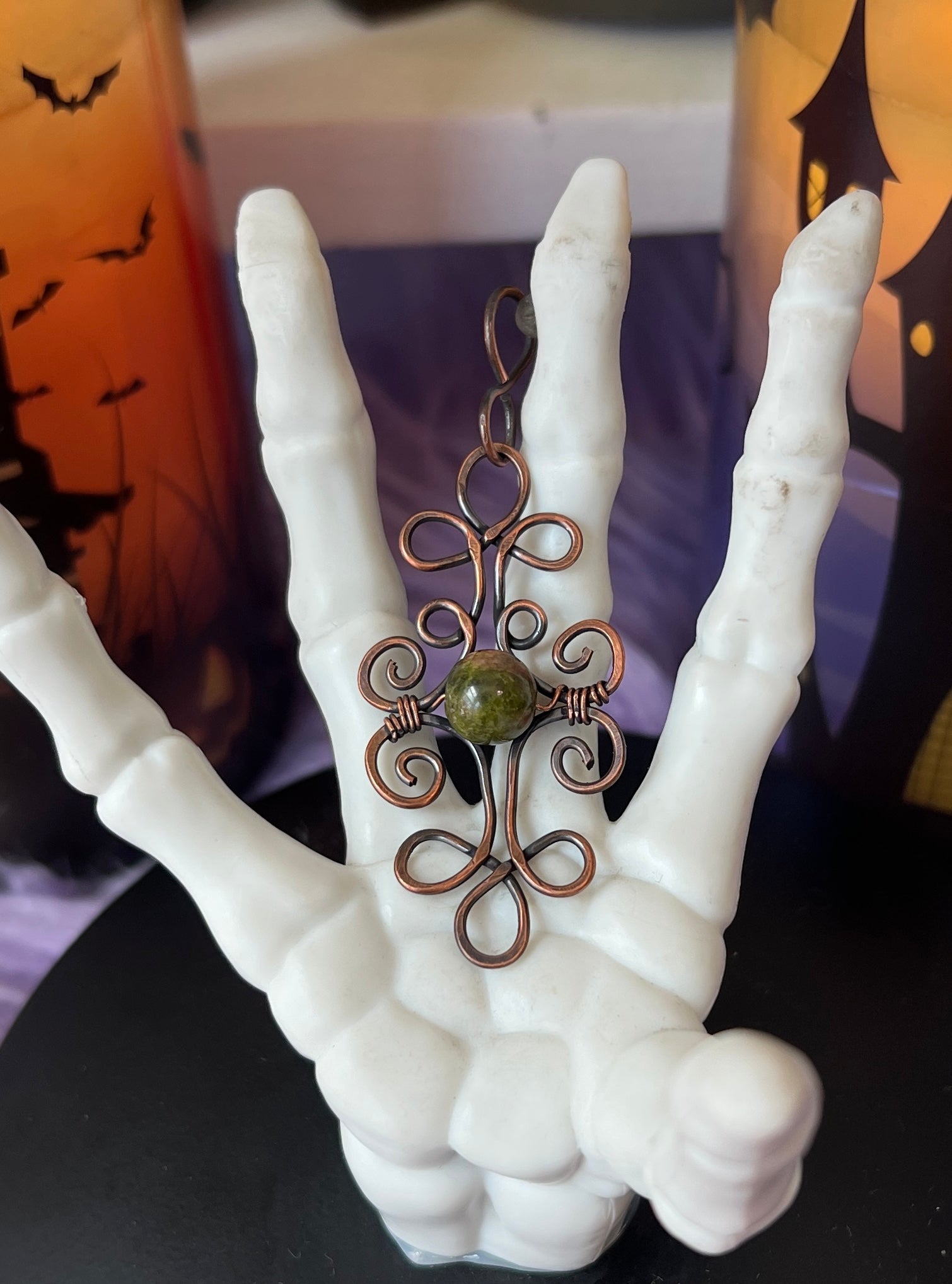 Handmade filigree-style copper pendant with unakite bead center – vintage witchy necklace
