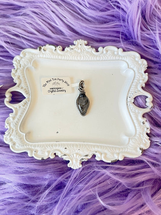 Handmade hematoid quartz pendant wrapped in oxidized silver with hematite bead accent