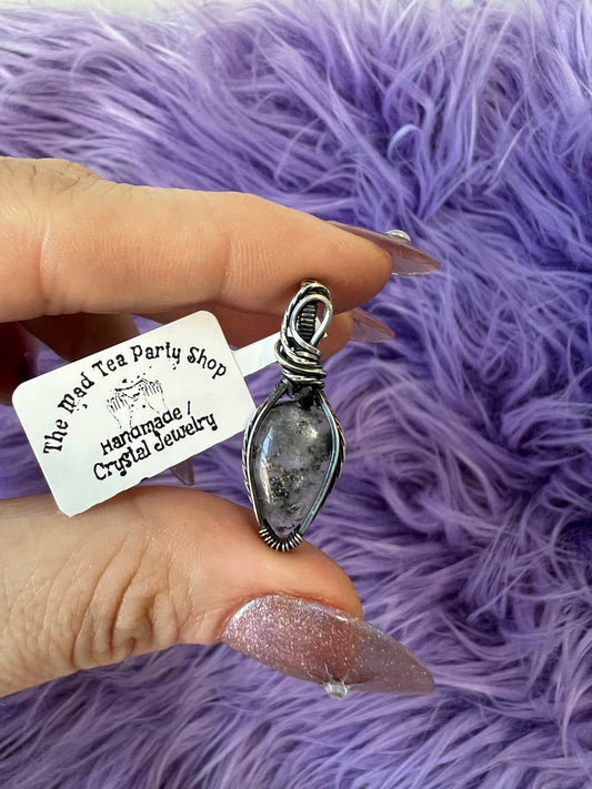 Handmade hematoid quartz pendant wrapped in oxidized silver with hematite bead accent