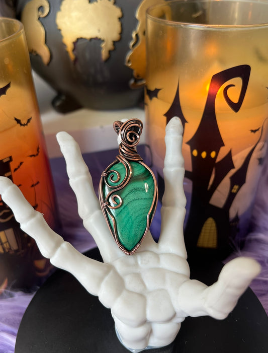 Handmade Malachite pendant wrapped in copper wire with spiral design – witchy green crystal necklace for protection
