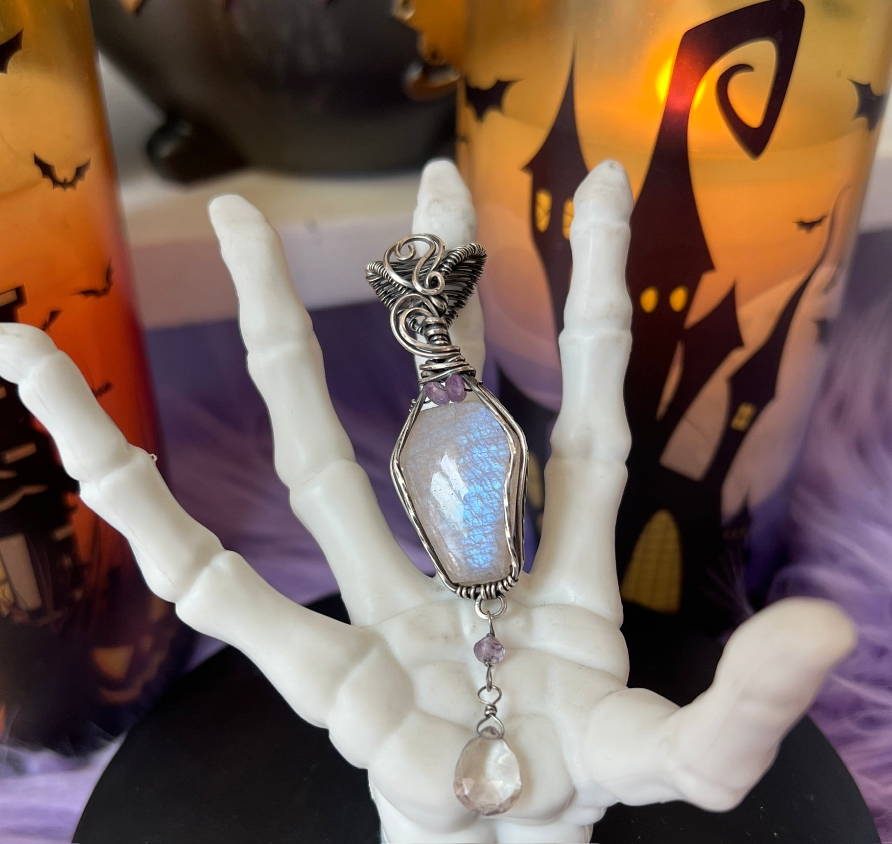 Handmade Moonstone coffin cabochon pendant wrapped in oxidized sterling silver with faceted Amethyst beads and briolette dangle – witchy potion necklace
