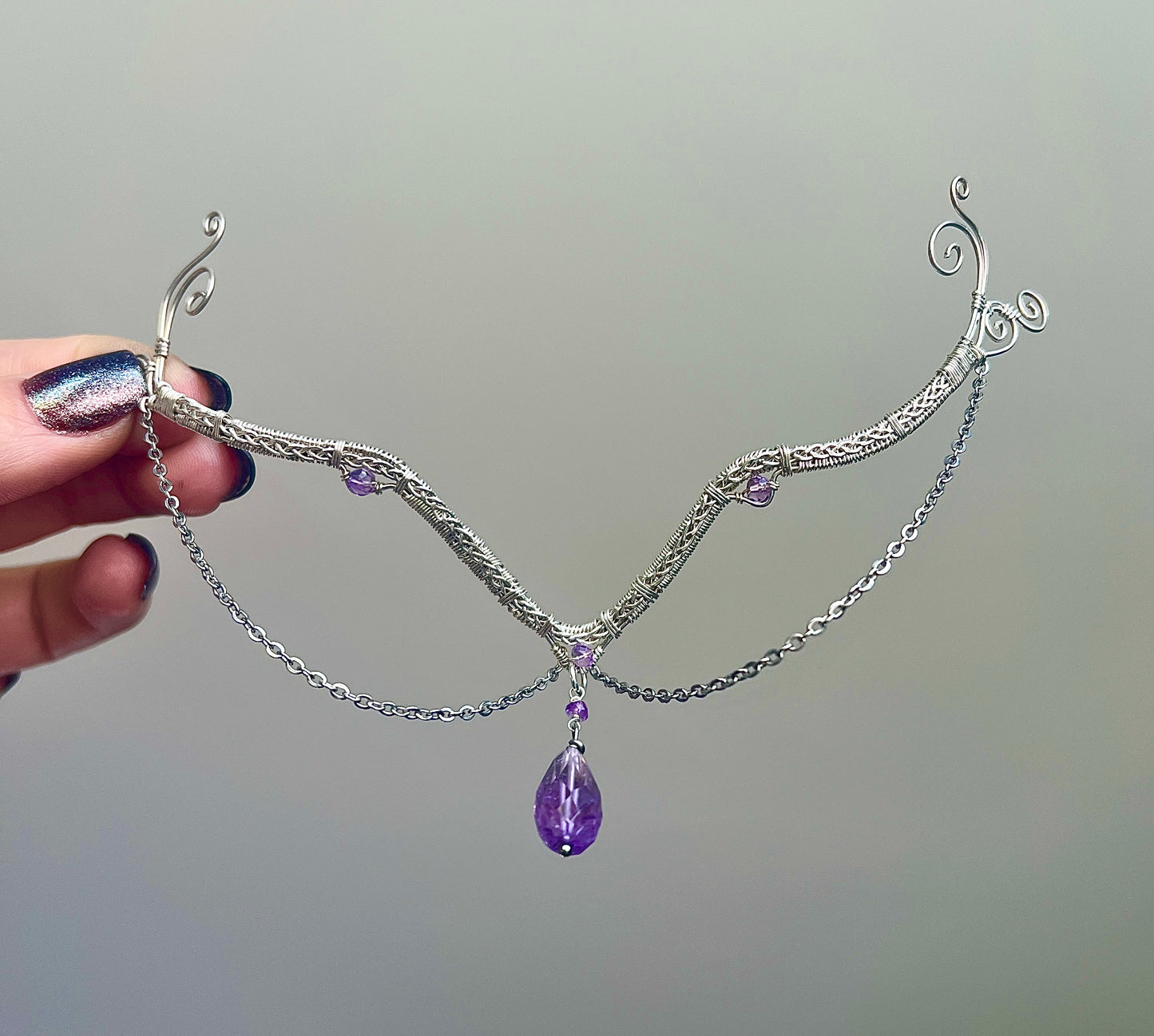 Handcrafted oxidized sterling silver choker necklace with faceted amethyst crystal pendant and wire-wrapped details, featuring layered chains for a gothic, celestial, and witchy-inspired style