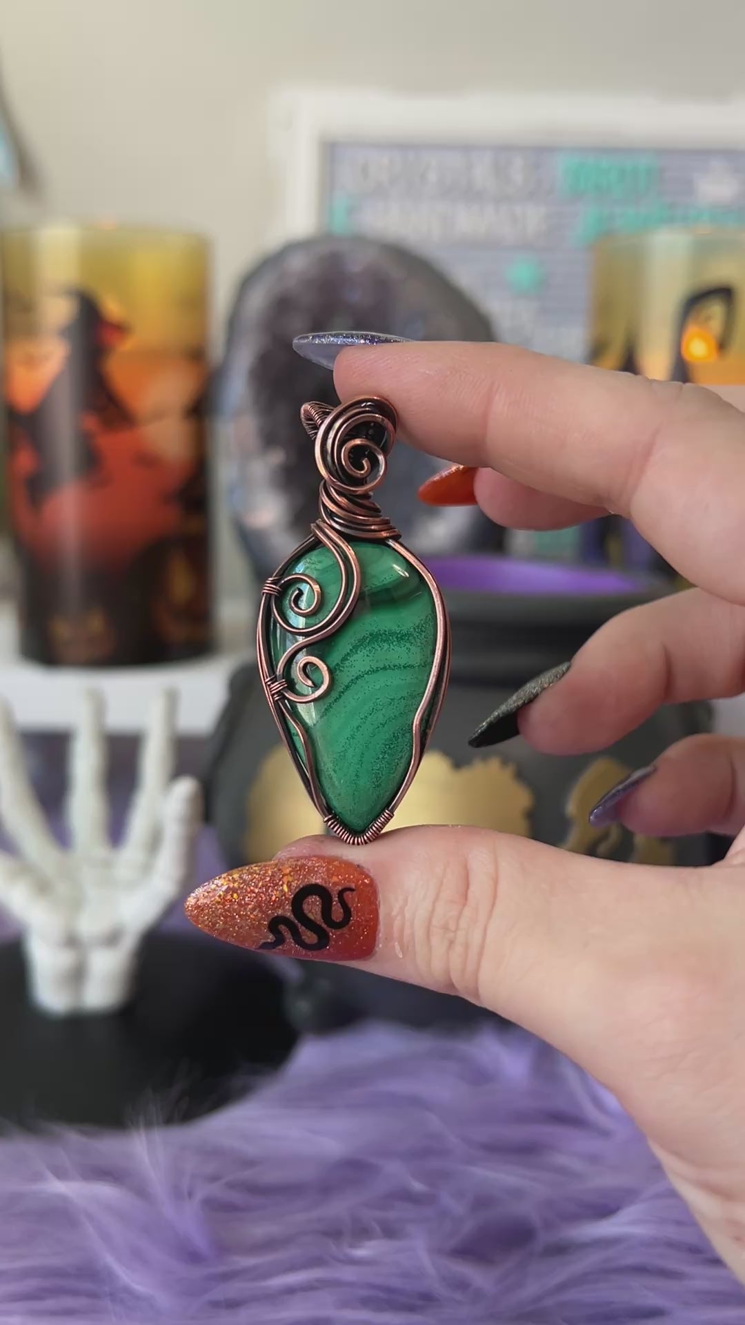 Handmade Malachite pendant wrapped in copper wire with spiral design – witchy green crystal necklace for protection