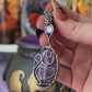 Handmade Charoite cat silhouette pendant wrapped in oxidized sterling silver with lavender CZ accent – witchy familiar necklace
