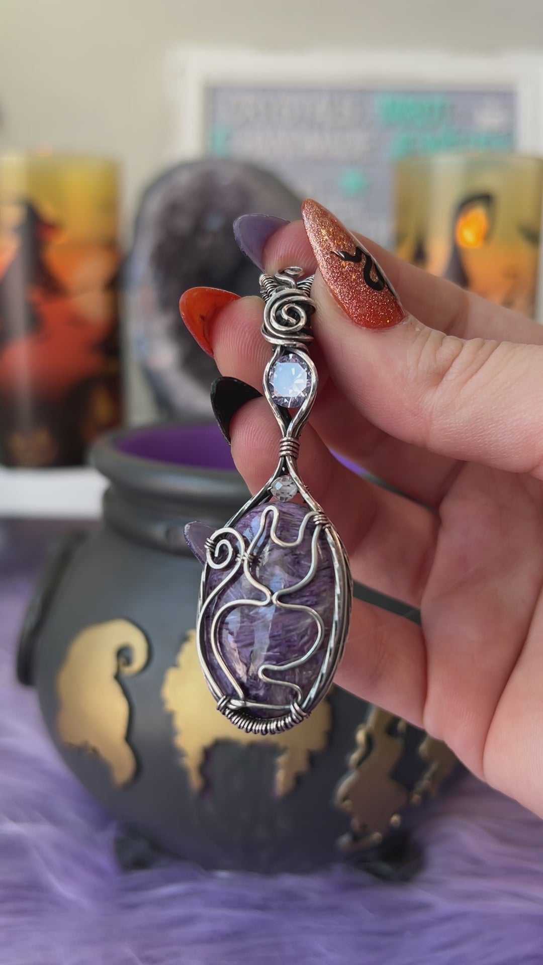 Handmade Charoite cat silhouette pendant wrapped in oxidized sterling silver with lavender CZ accent – witchy familiar necklace
