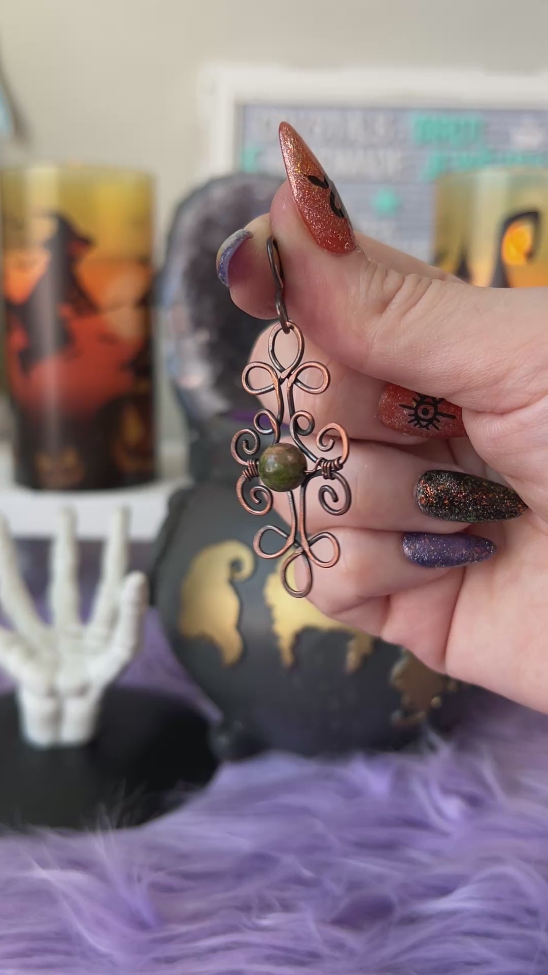 Handmade filigree-style copper pendant with unakite bead center – vintage witchy necklace
