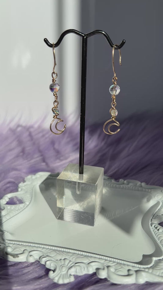 14k Gold-Filled Crescent Moon Earrings with Aura Swarovski Crystal Beads