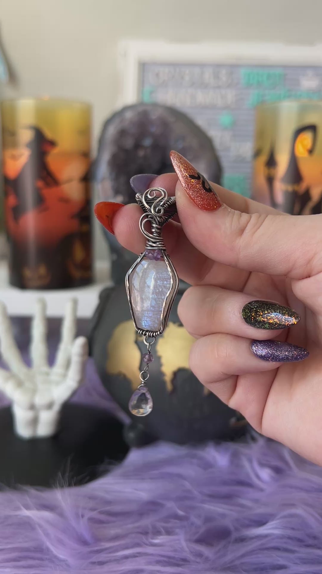 Handmade Moonstone coffin cabochon pendant wrapped in oxidized sterling silver with faceted Amethyst beads and briolette dangle – witchy potion necklace
