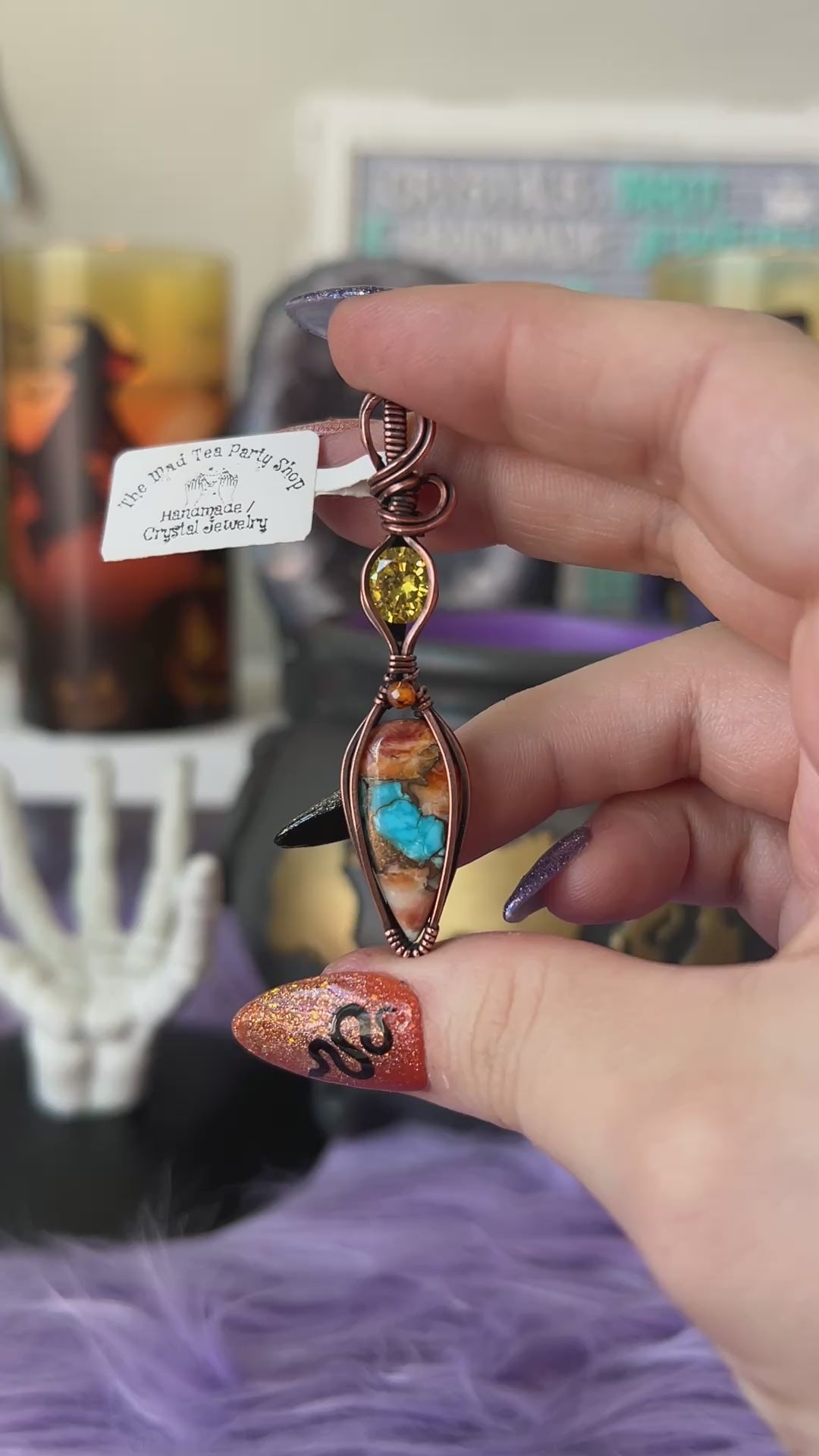 Handmade Spiny Oyster pendant with turquoise accents wrapped in copper, featuring faceted yellow CZ and orange CZ bead – witchy necklace
