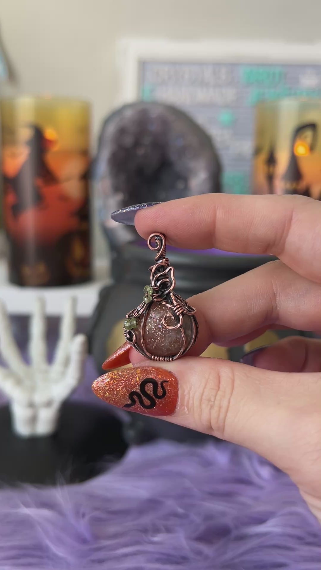 Handmade Sunstone pumpkin pendant with Peridot bead accents wrapped in copper wire – witchy Halloween necklace
