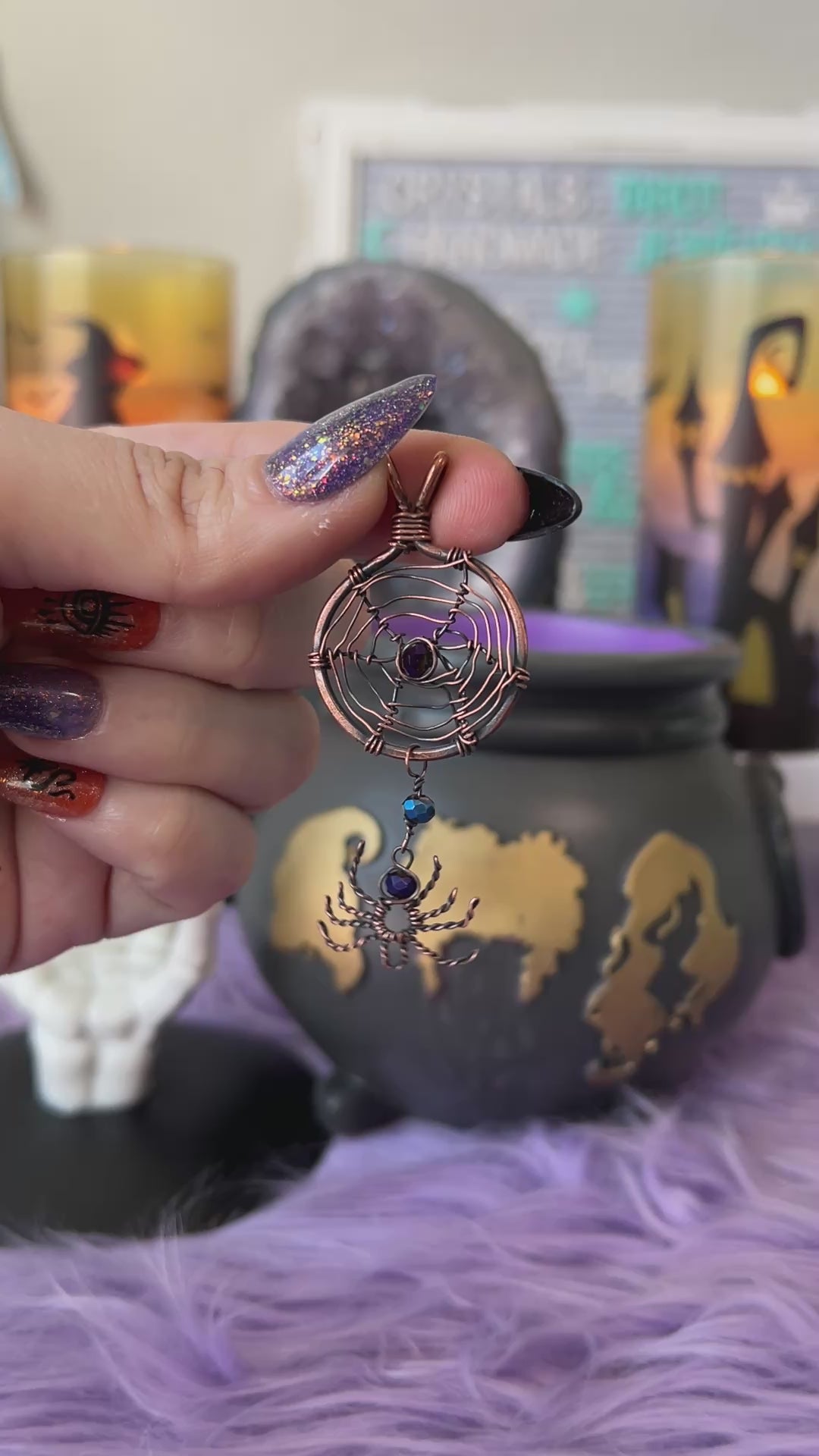 Handmade copper spiderweb pendant with dangling spider and chrome blue purple glass beads – witchy Halloween necklace