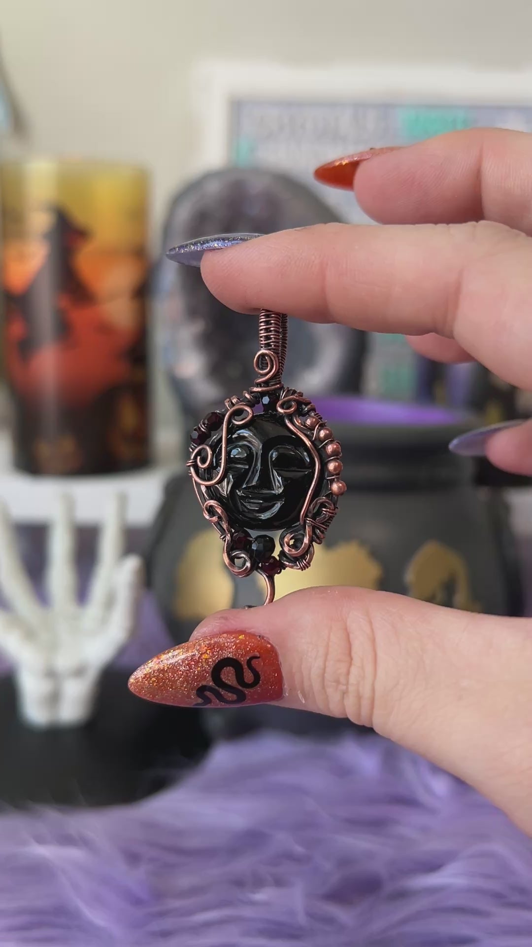 Handmade Black Onyx moon face pendant with Garnet accents and copper wire wrapping – witchy necklace for protection and power