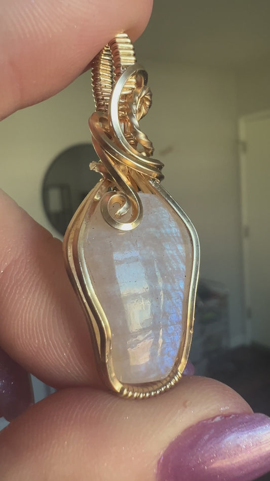 Moonstone Coffin Pendant – 14k Gold-Filled Luxurious Wire Wrap for Intuition & Protection