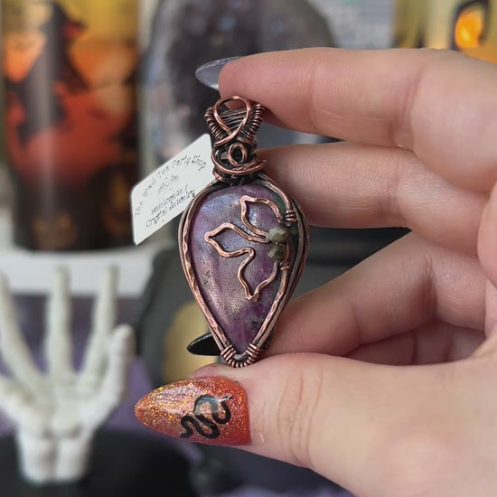 Handmade Ruby Zoisite pendant with green Tourmaline bead accents wrapped in copper – witchy necklace for passion and grounding
