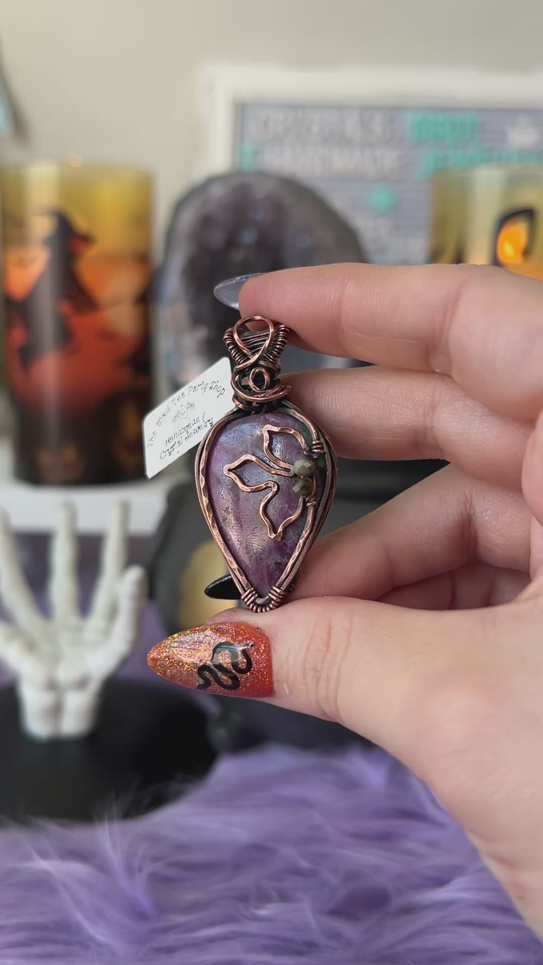 Handmade Ruby Zoisite pendant with green Tourmaline bead accents wrapped in copper – witchy necklace for passion and grounding
