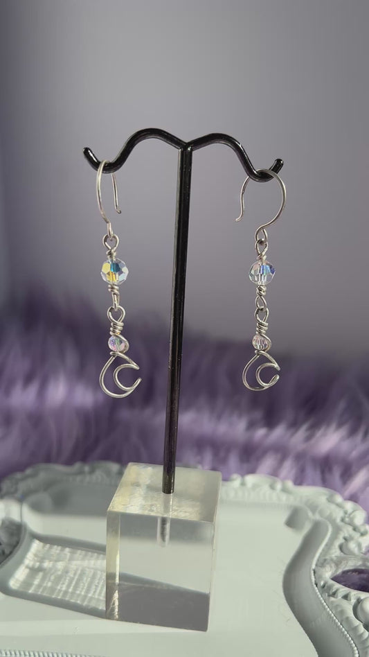 Sterling Silver Crescent Moon Earrings with Aura Swarovski Crystal Beads