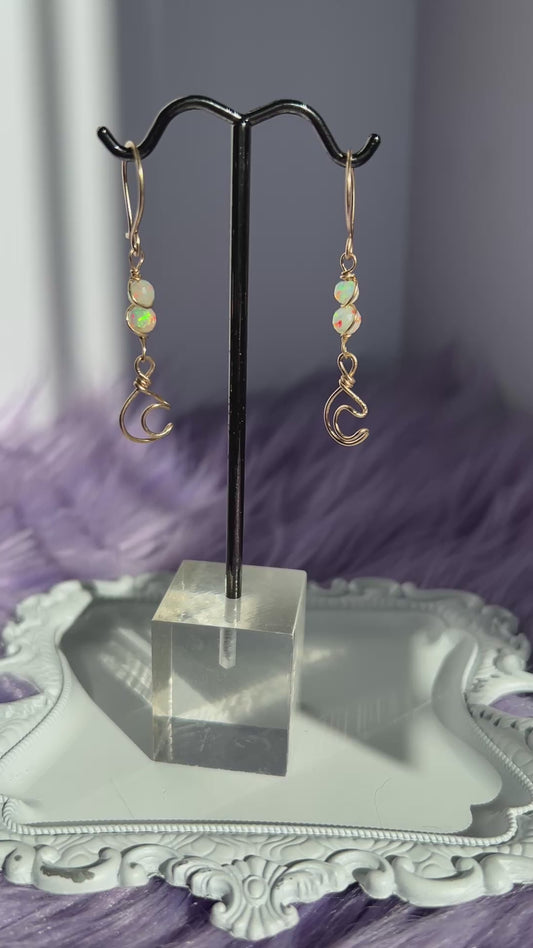 14k Gold-Filled Crescent Moon Earrings with Ethiopian Opal Beads