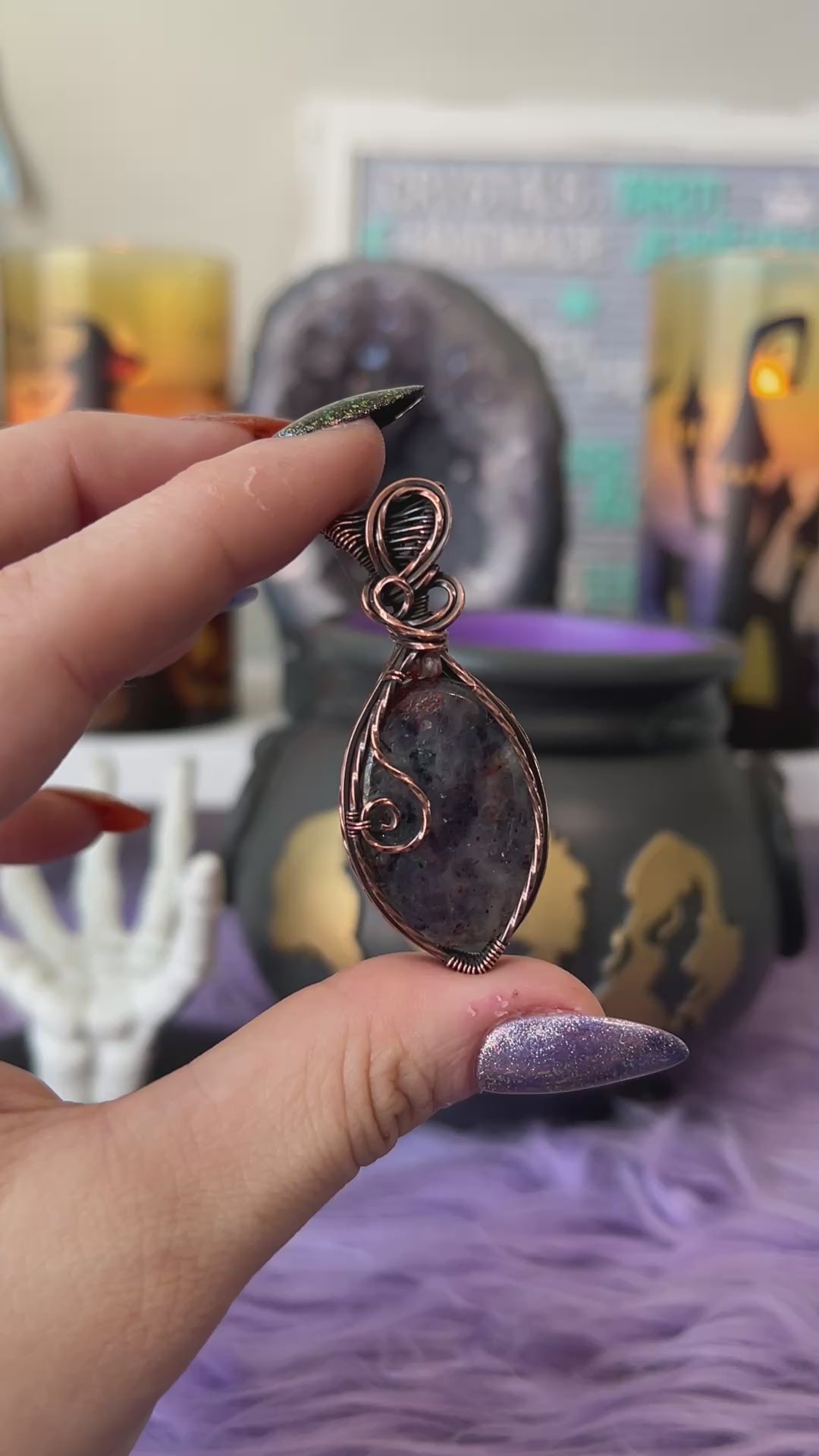 Handmade Bloodshot Iolite pendant with Sunstone bead accents wrapped in copper wire – witchy necklace for balance and intuition