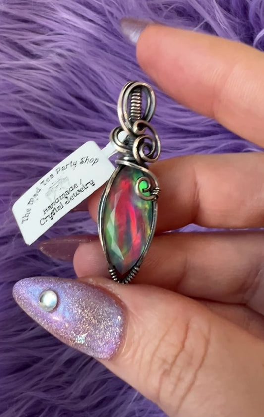 Aurora Opal Pendant – Handmade Faceted Himalayan Quartz Doublet Pendant in Oxidized Silver