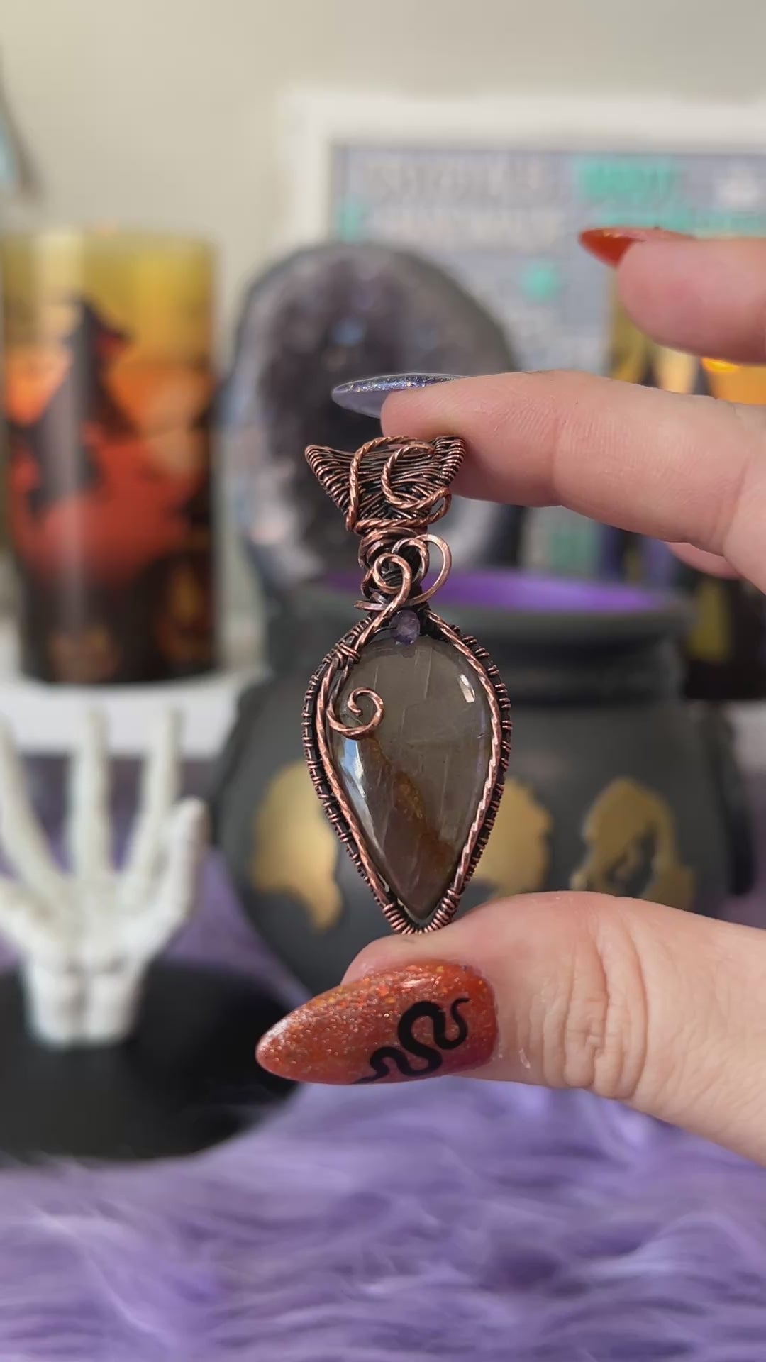 Handmade mauve purple flash Labradorite pendant in potion bottle design with copper wire wrapping and moon detail – witchy necklace
