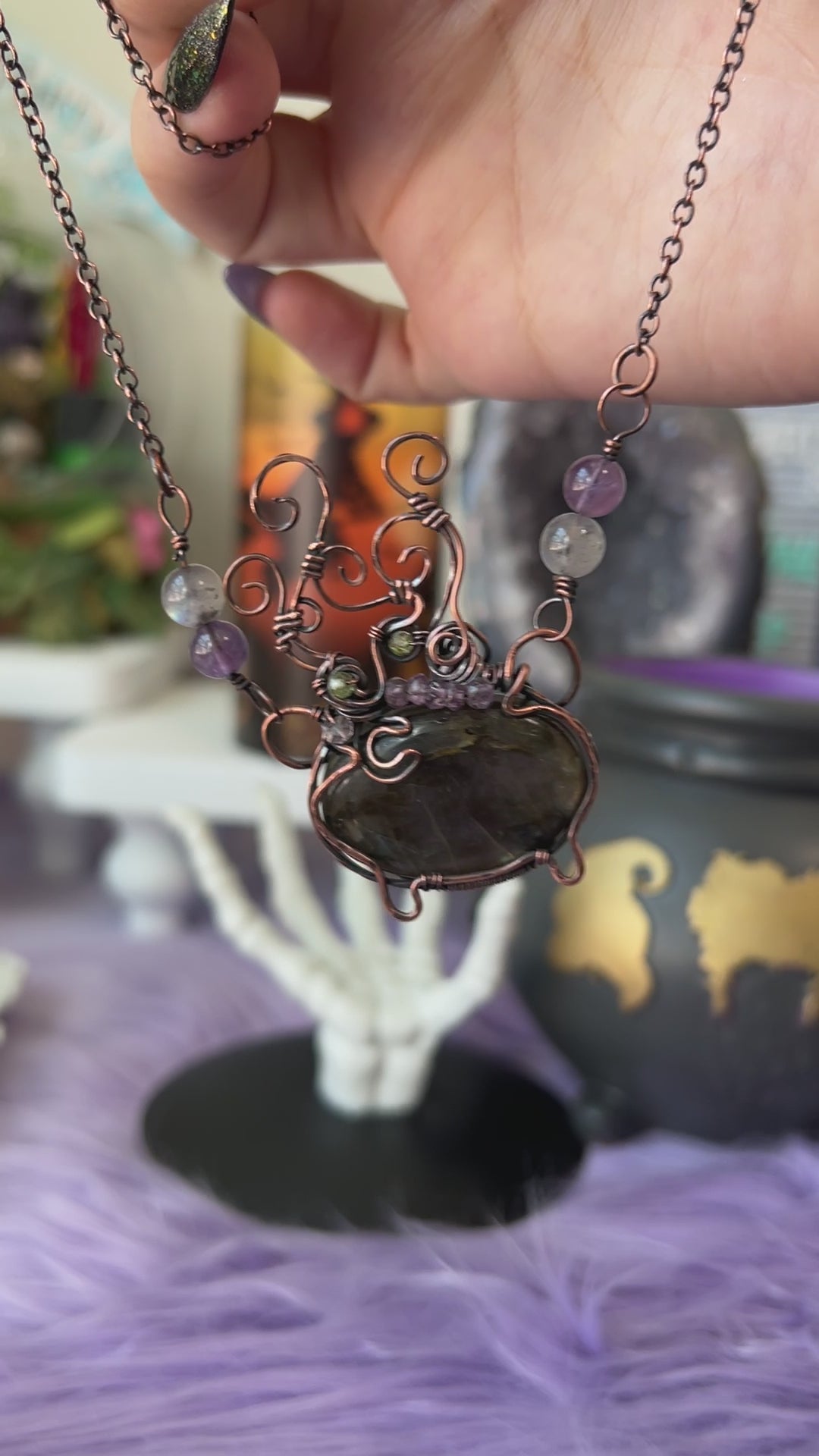 Handmade cauldron pendant with Labradorite, Amethyst, Peridot, and crescent moon accent wrapped in copper – witchy necklace
