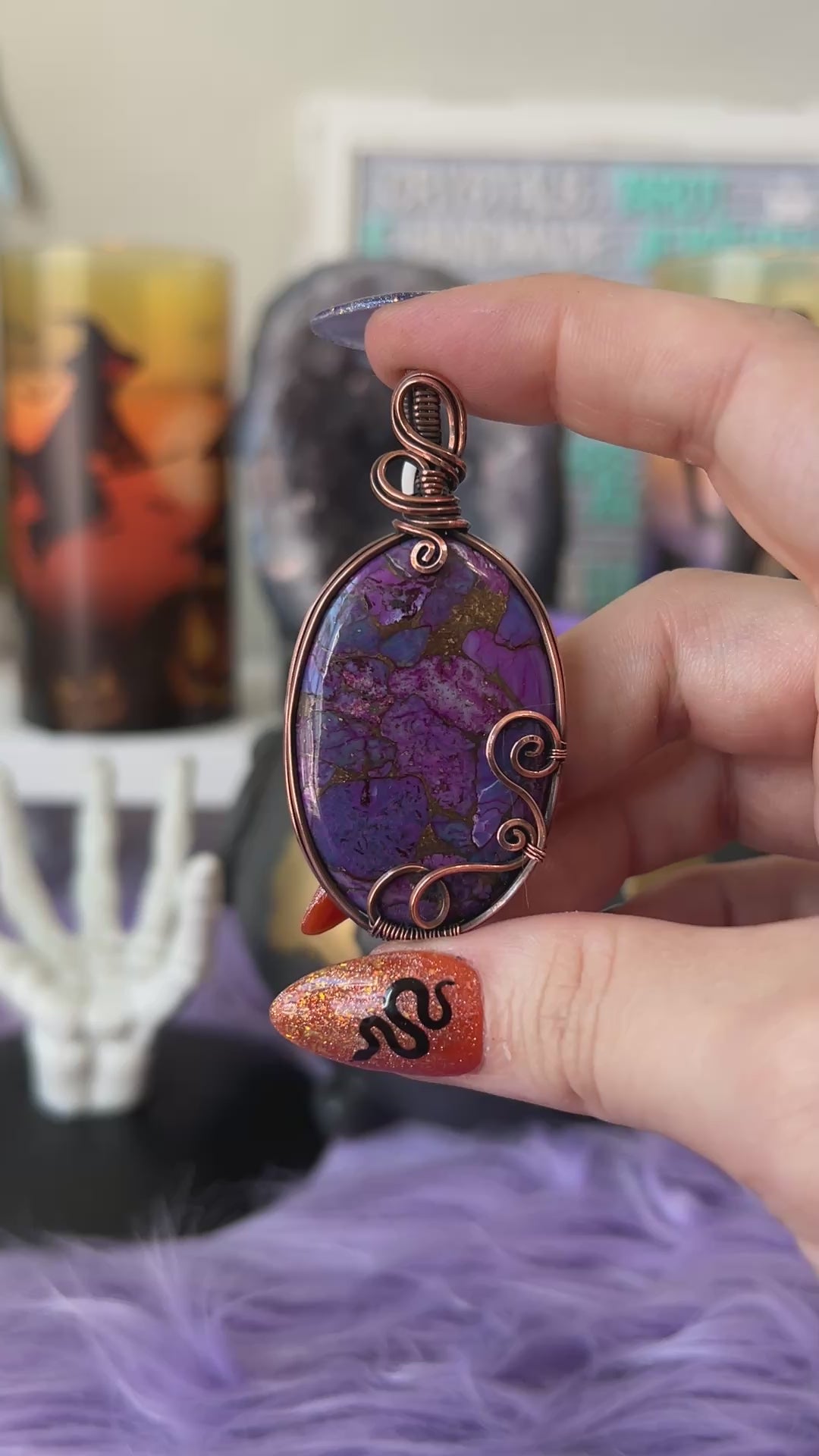 Handmade Purple Copper Turquoise pendant with copper veining, wrapped in copper wire – witchy necklace
