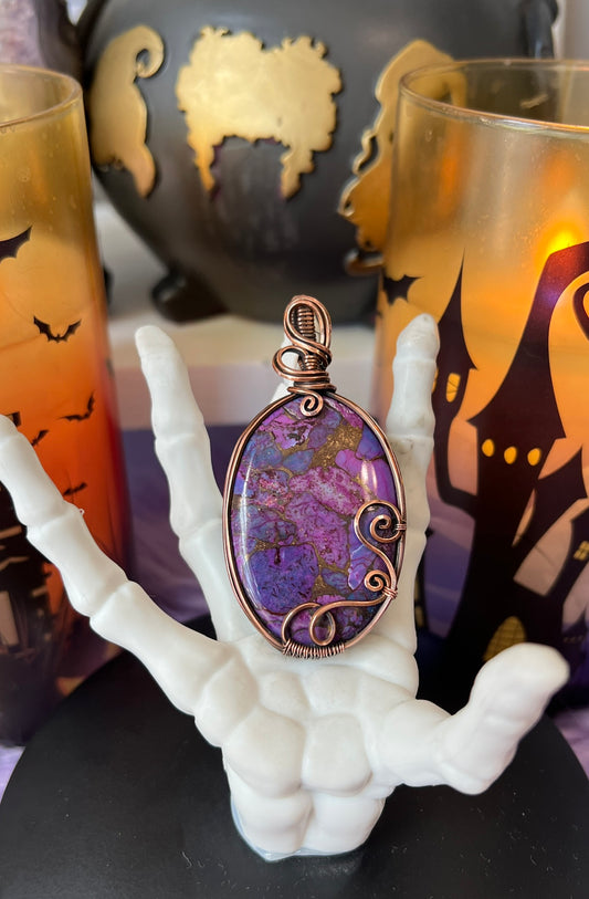 Handmade Purple Copper Turquoise pendant with copper veining, wrapped in copper wire – witchy necklace
