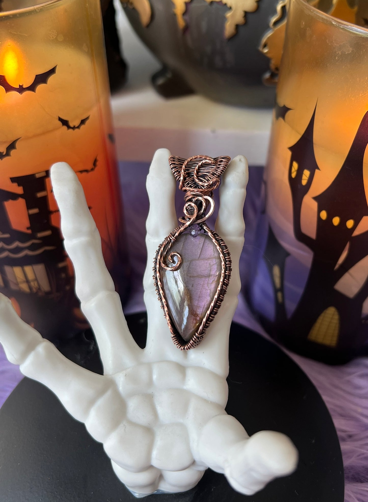 Handmade mauve purple flash Labradorite pendant in potion bottle design with copper wire wrapping and moon detail – witchy necklace
