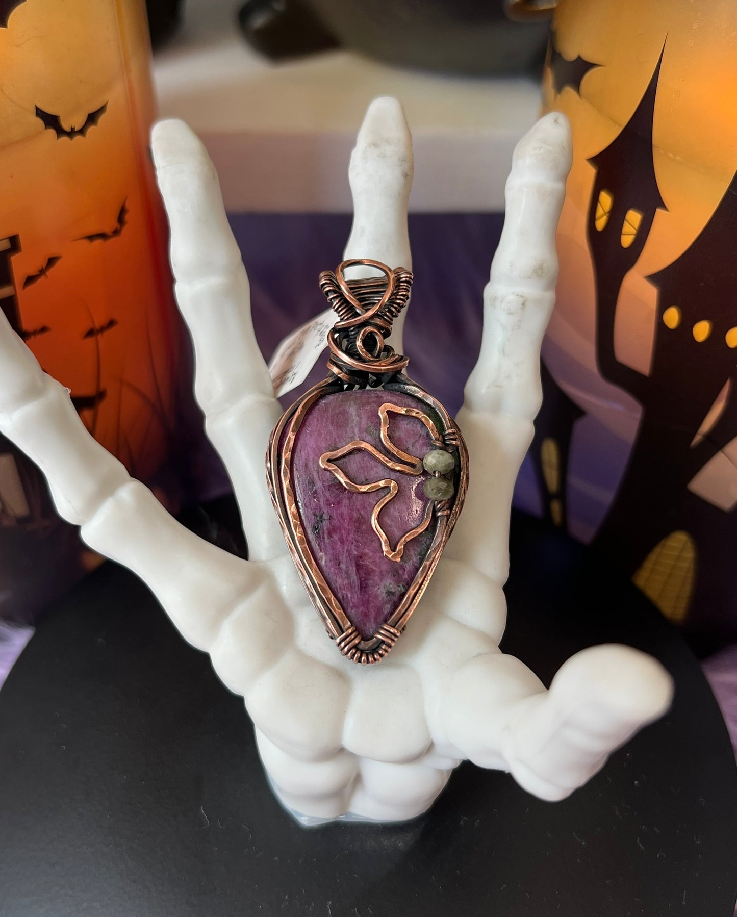 Handmade Ruby Zoisite pendant with green Tourmaline bead accents wrapped in copper – witchy necklace for passion and grounding
