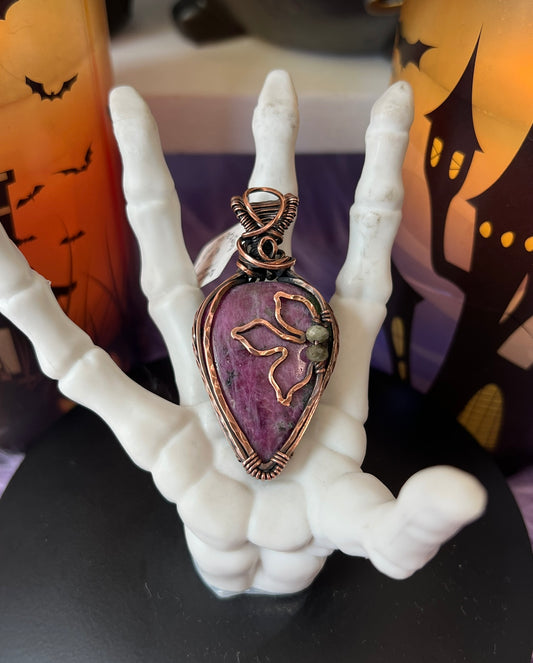 Handmade Ruby Zoisite pendant with green Tourmaline bead accents wrapped in copper – witchy necklace for passion and grounding
