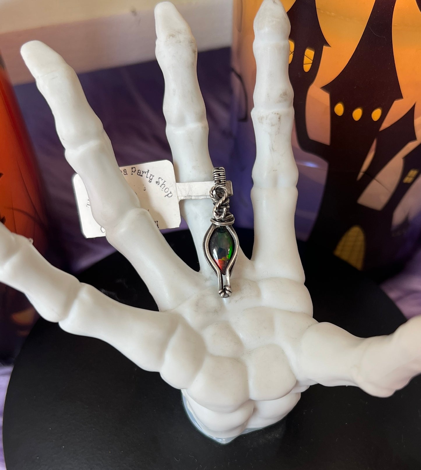 Handmade smoked opal pendant with rainbow fire wrapped in oxidized silver – potion vial witchy necklace
