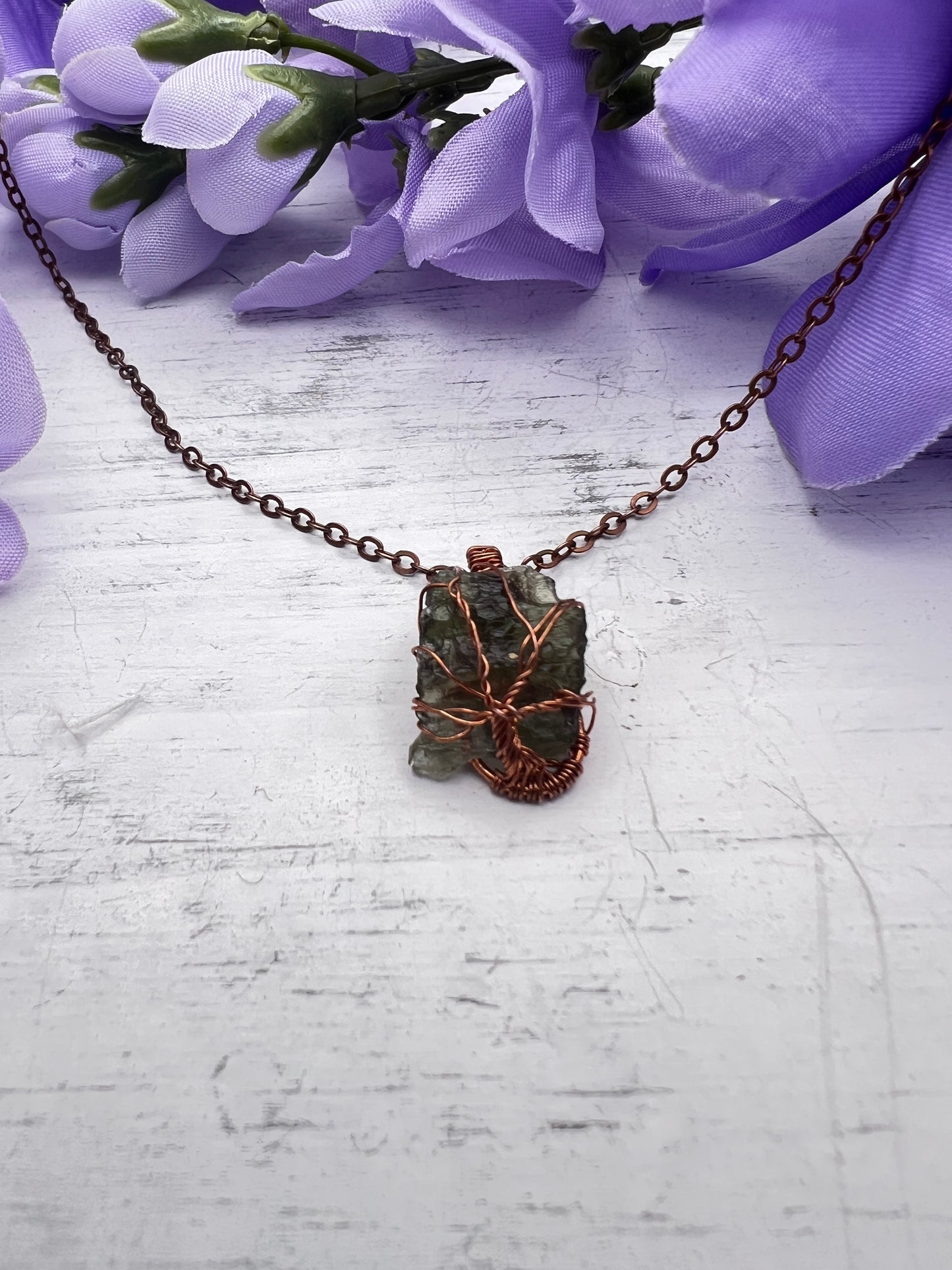 Oxidized Copper Tree of Life Real Moldavite Pendant