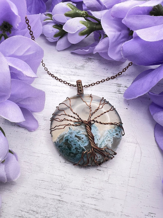 Oxidized Copper Tree Of Life Moss Agate Pendant