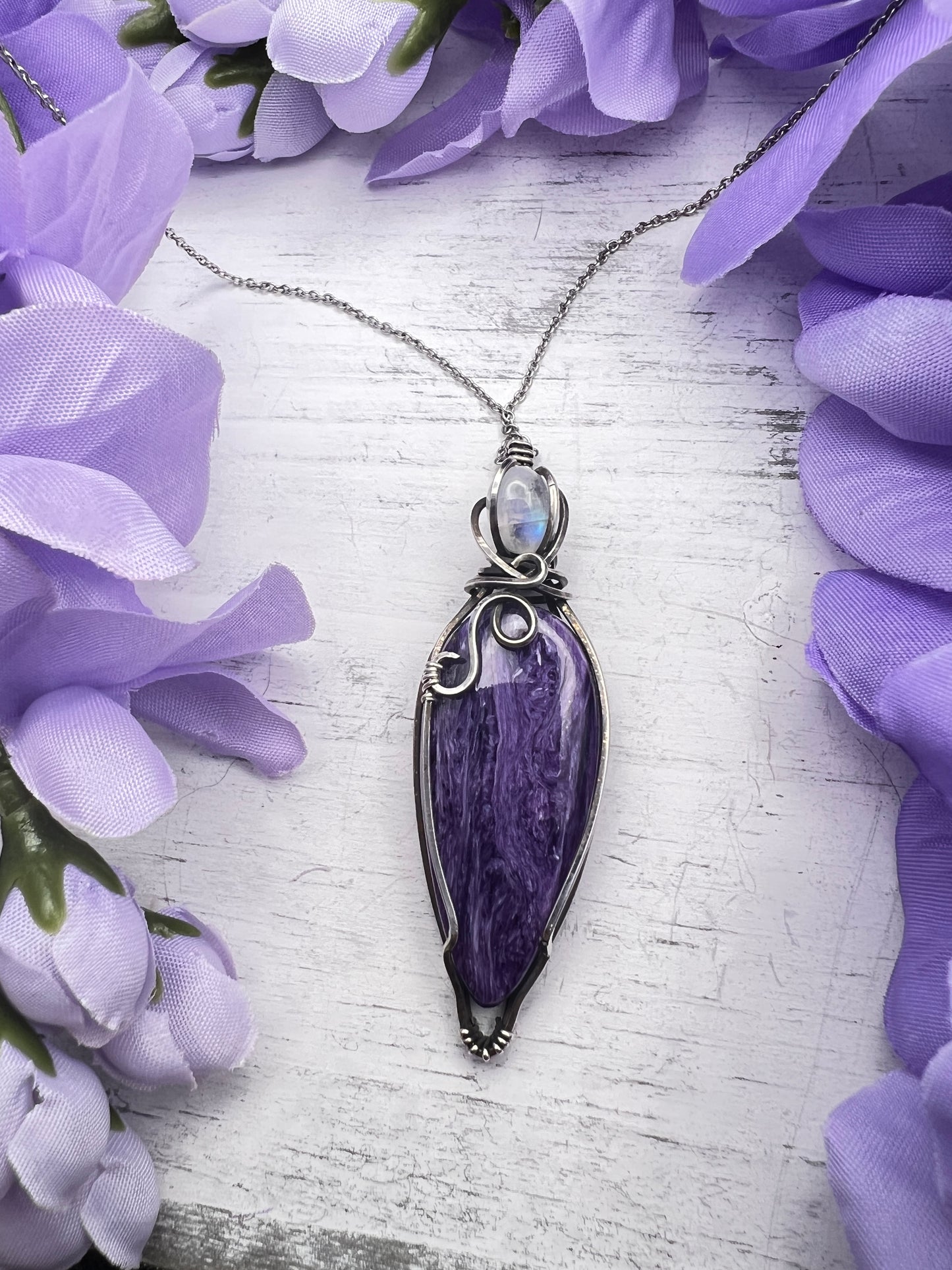 Oxidized Silver Charoite and Moonstone Pendant