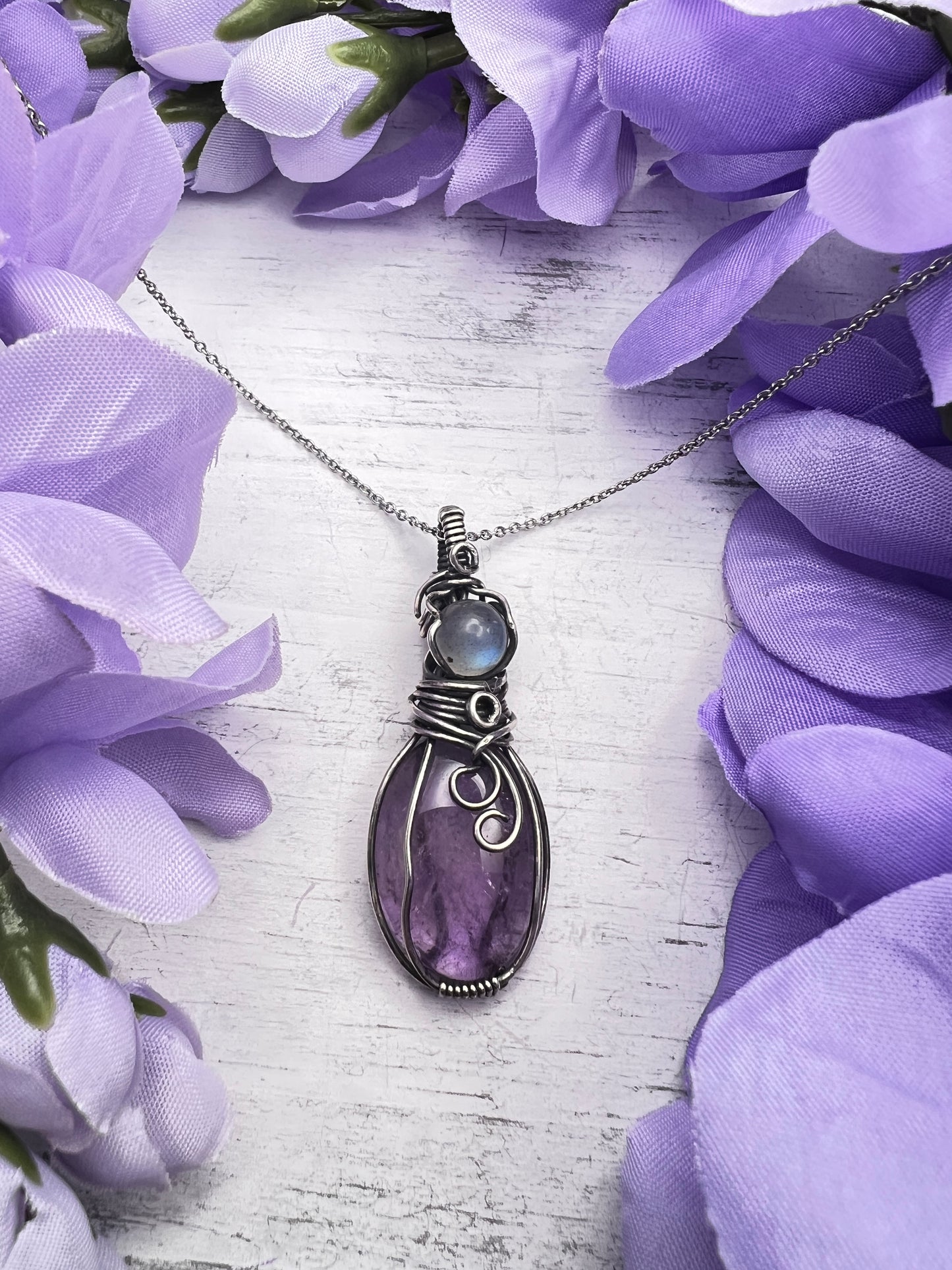 Oxidized Silver Amethyst and Labradorite Pendant